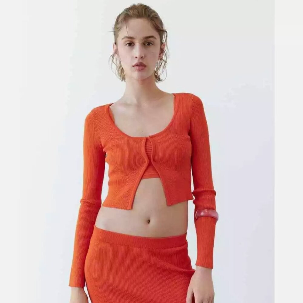 NWT ZARA Ribbed knit cropped cardigan orange 3646/008 Small